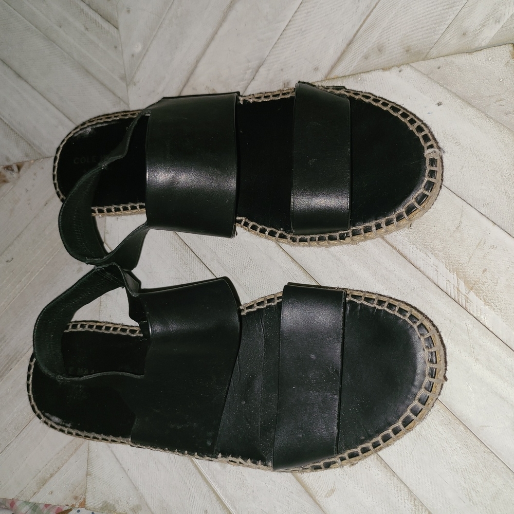 Cole Haan Size 10 B Black Leather Tan Espadrille Platform Sandals
